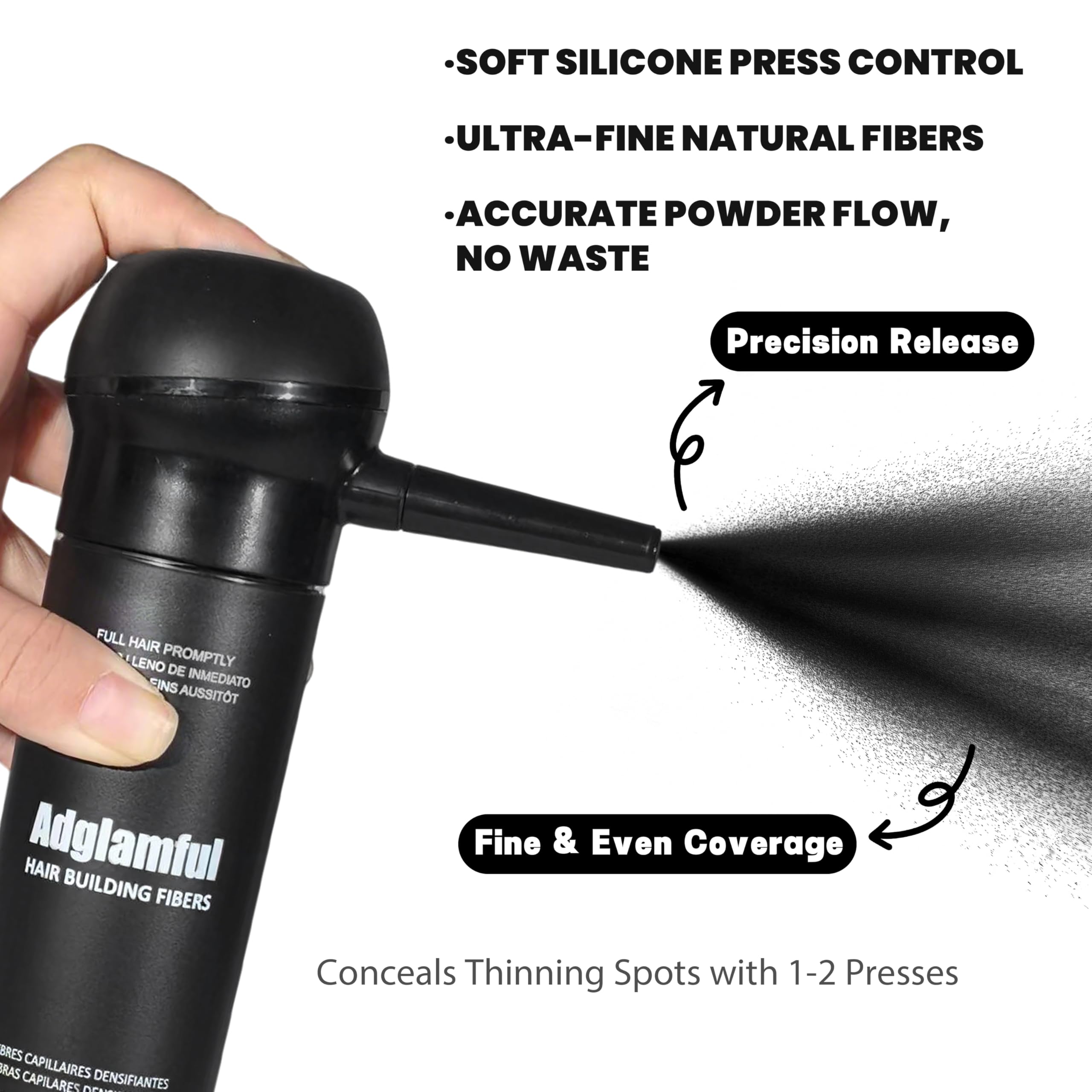 Adglamful silicone press head enables precise, mess-free application around the hairline.