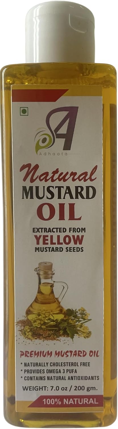 ADHAATA packaging emphasizes premium yellow mustard seeds origin.