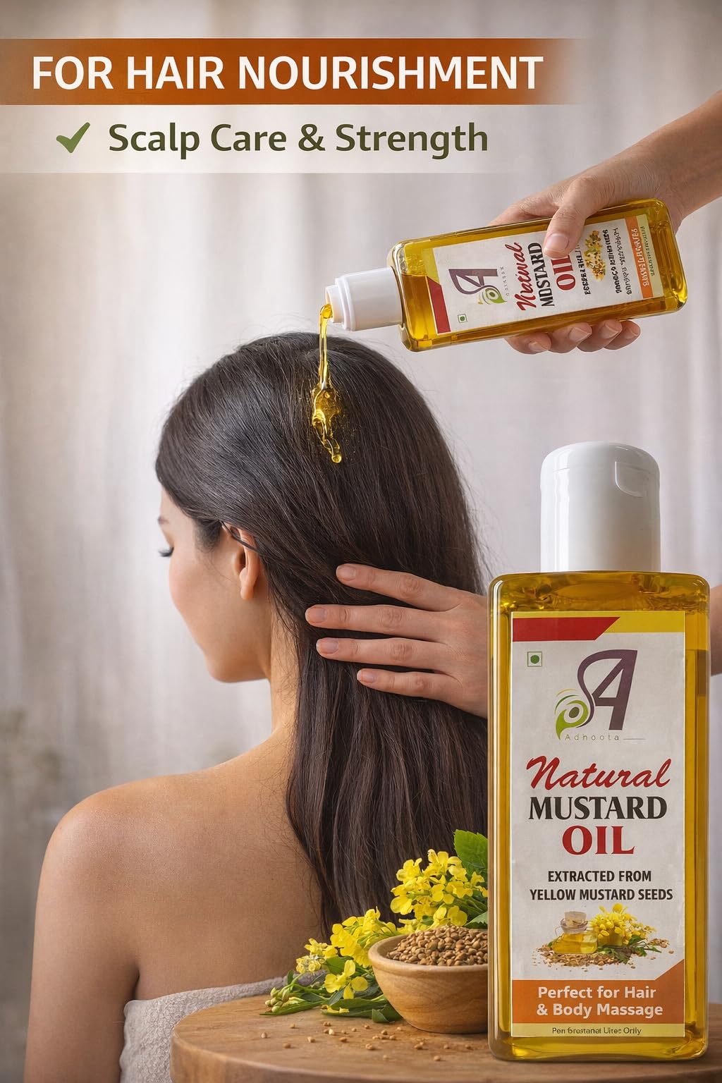 ADHAATA Yellow Mustard Oil pour showing smooth, non-sticky skin absorption.