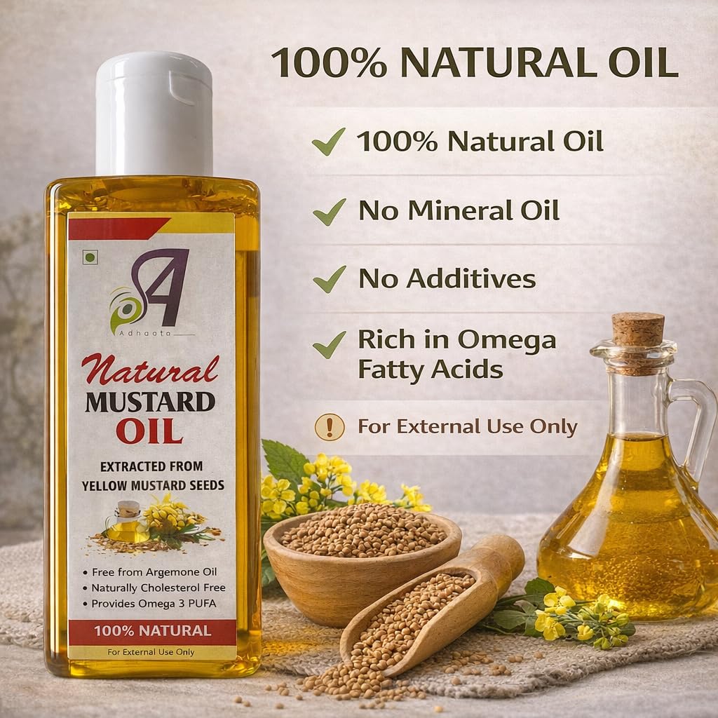 ADHAATA mustard oil applied to scalp for conditioning and shine.