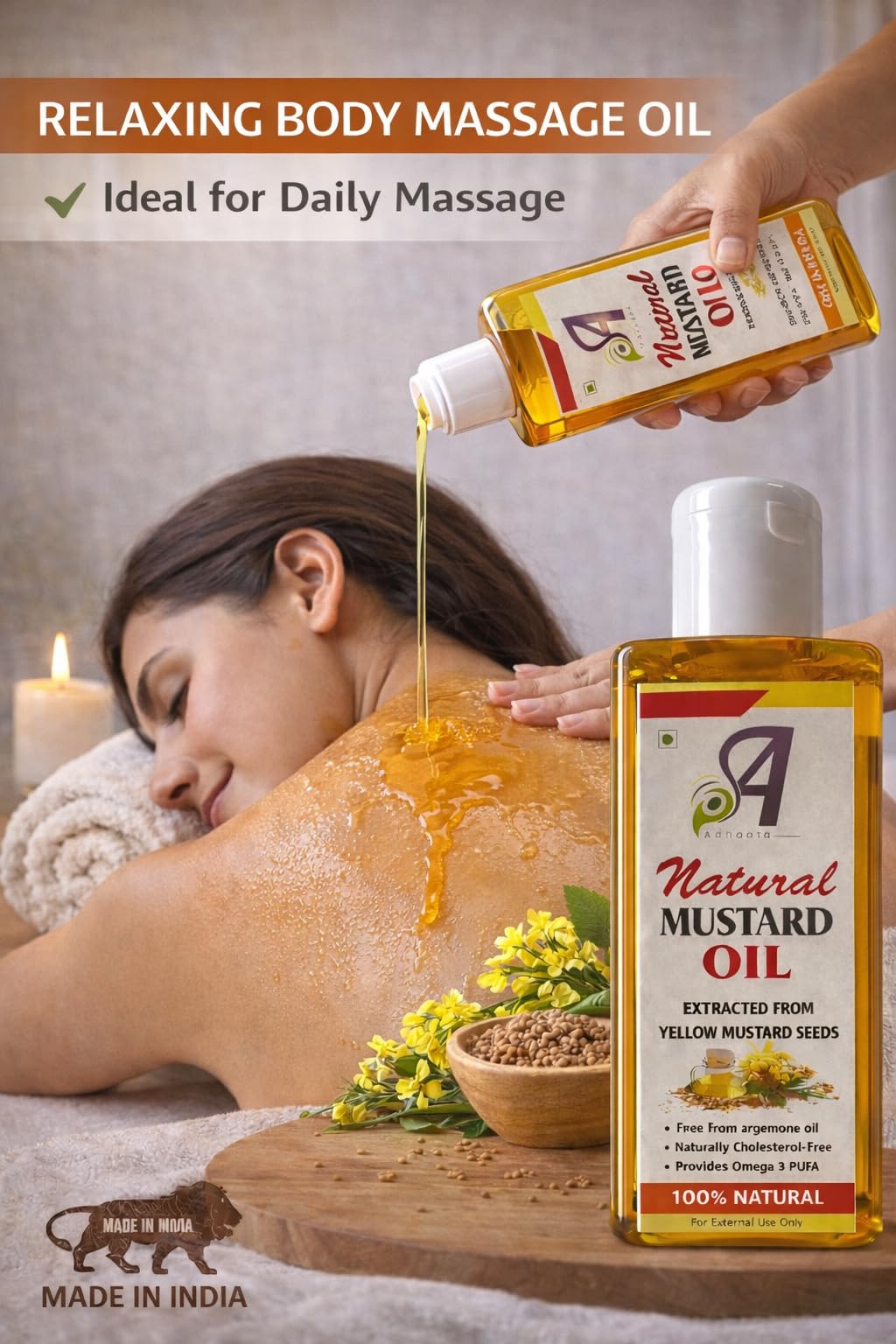 ADHAATA warming massage oil in action for relaxing tired muscles.