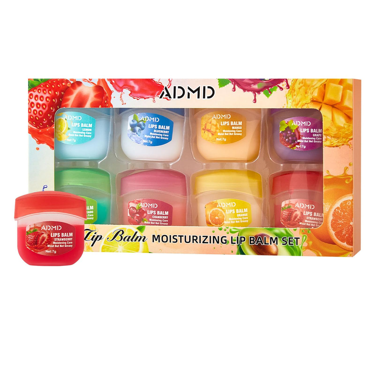 ADMD eight-pack fruit lip balm set in compact 7g tubes for daily moisture