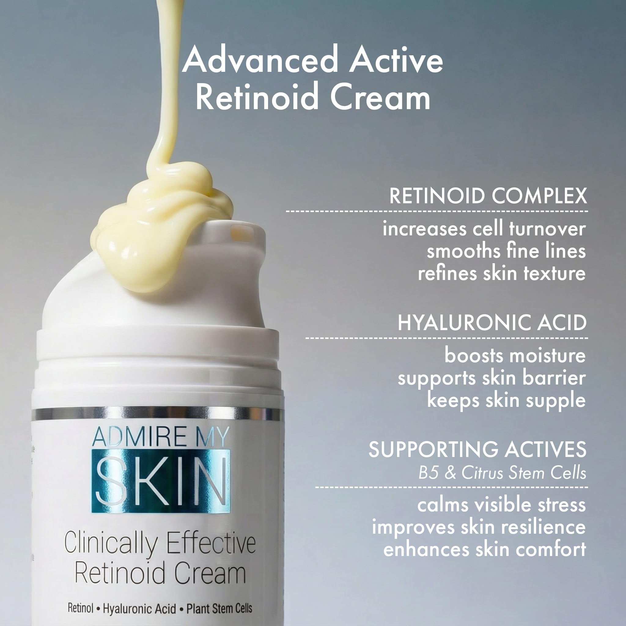 Admire My Skin Potent Retinoid Cream packaging highlights key benefits for users.