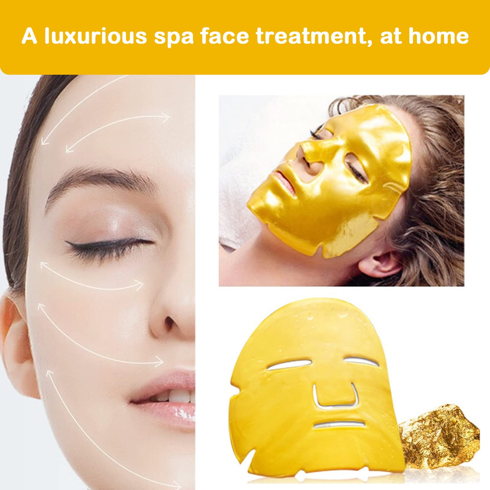 Adofect 24K Gold Mask on face suggests smoother, well-hydrated skin.