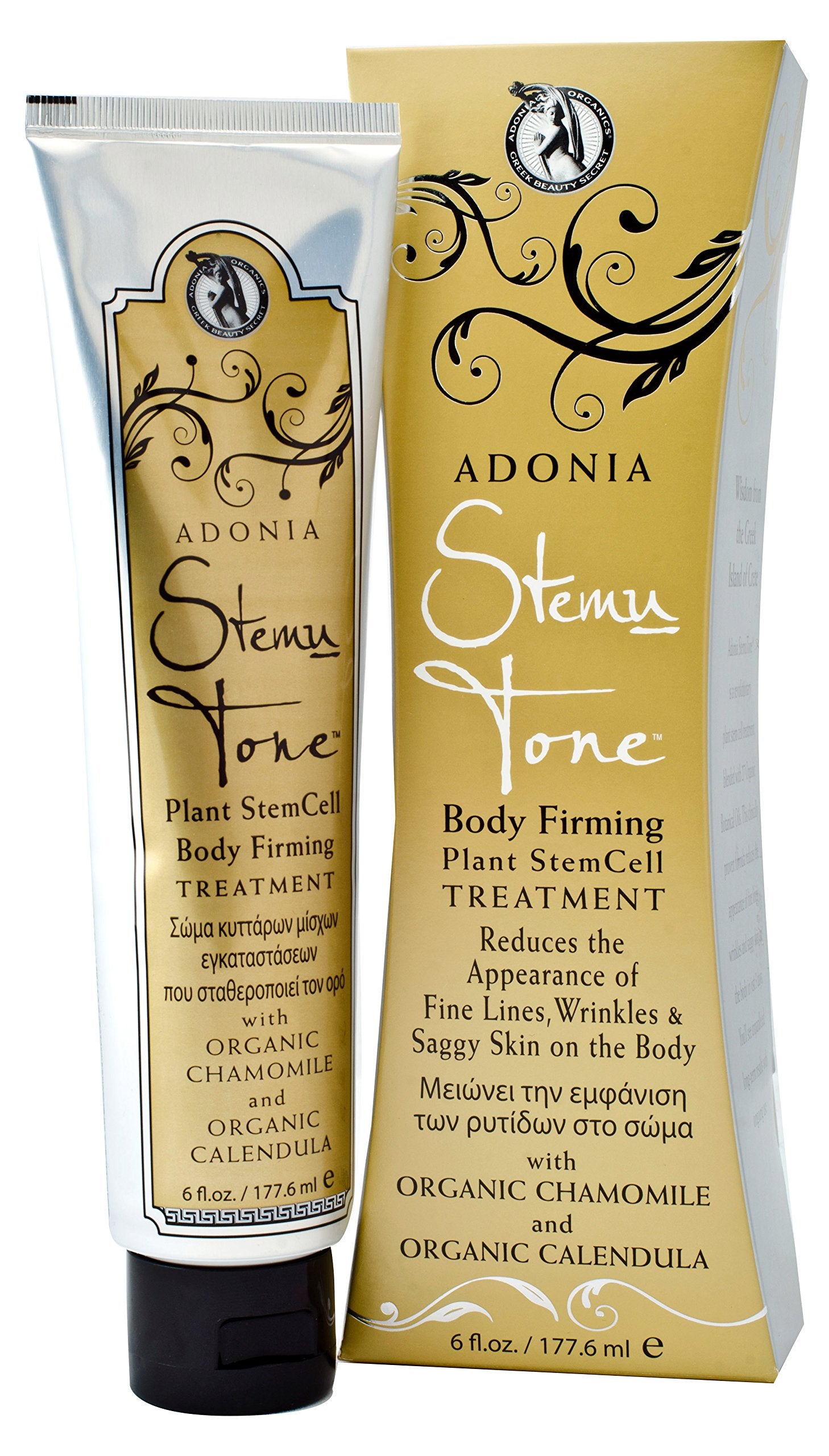 Adonia Organics StemuTone bottle close-up showing plant-based hydration for firmer skin