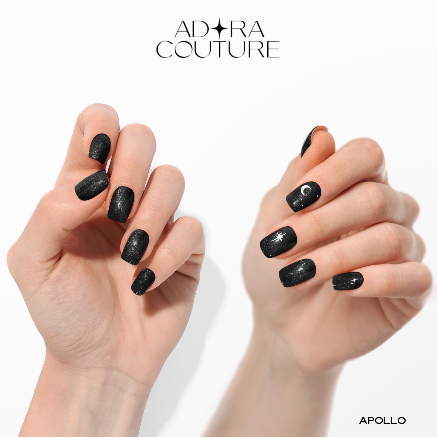 Adora Couture glossy finish gel strips on nails for long-lasting wear.