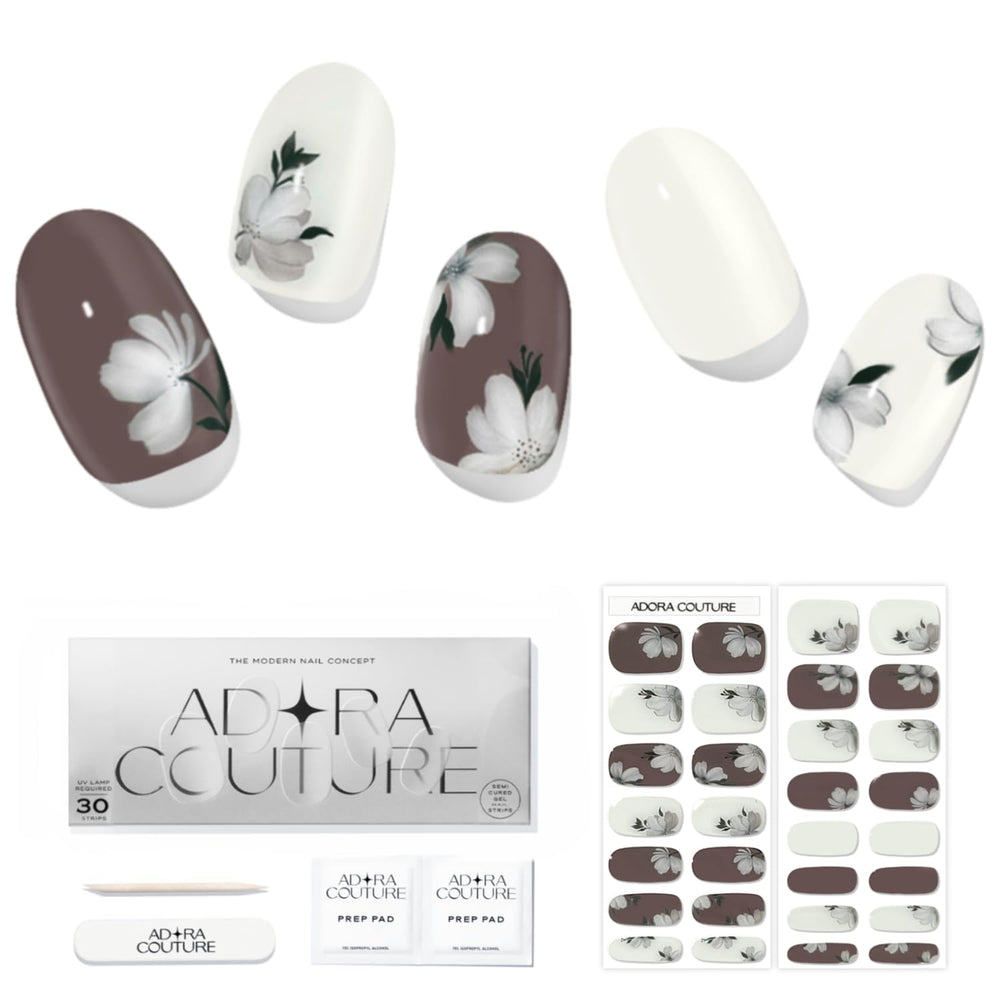 Adora Couture semi-cured nail strips Ivory Magnolia set for long-lasting salon-quality nails.