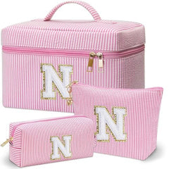 Adoryoung personalized monogram makeup bag front view with durable chenille initial for everyday use.
