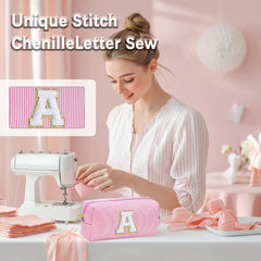 Adoryoung pink monogram makeup bag side view emphasizes vibrant style and easy access.