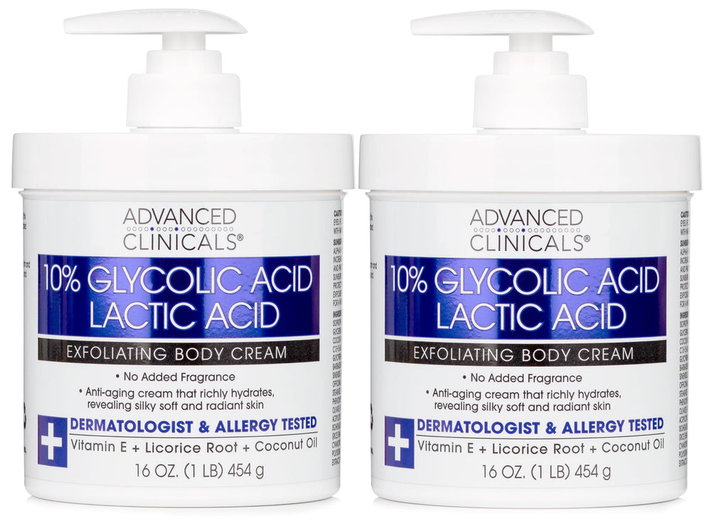Advanced Clinicals 10% Glycolic Lotion bottle shown for smoother, more even skin.