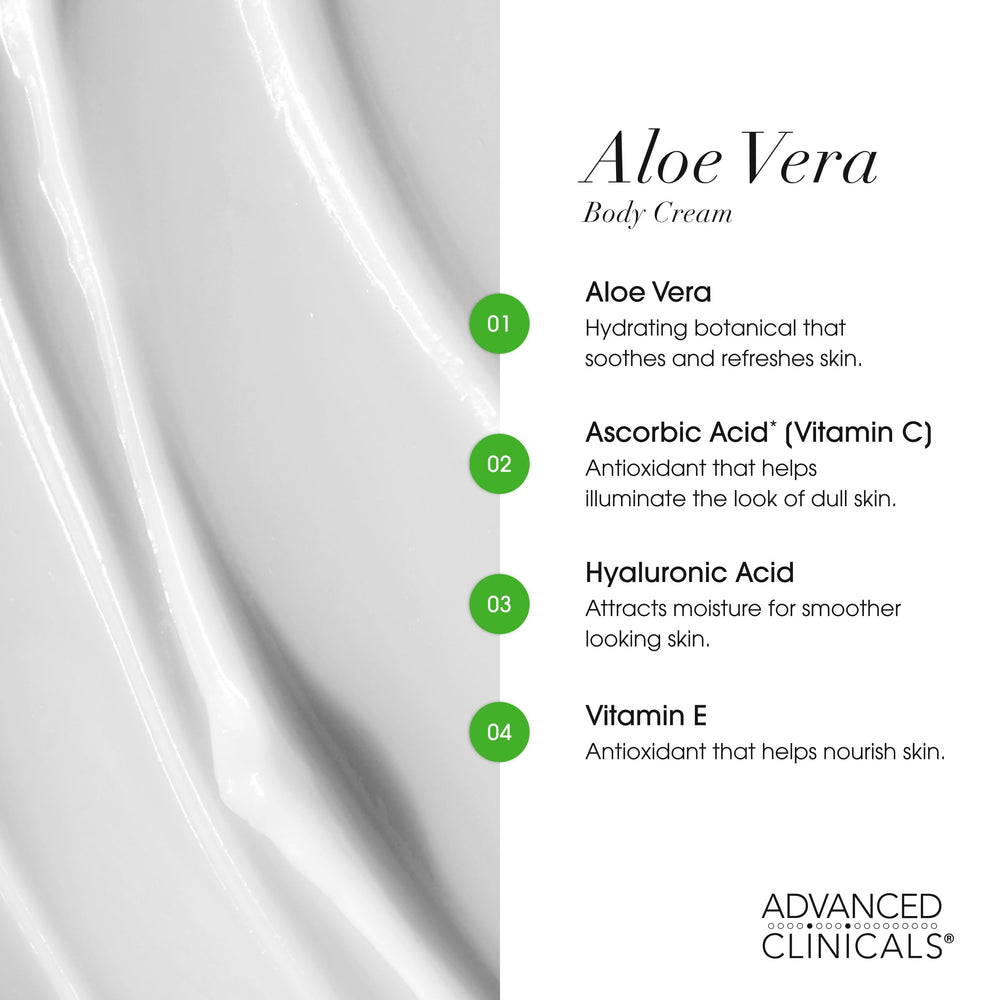 Advanced Clinicals Aloe Vera Lotion label detail emphasizes ingredients and size.