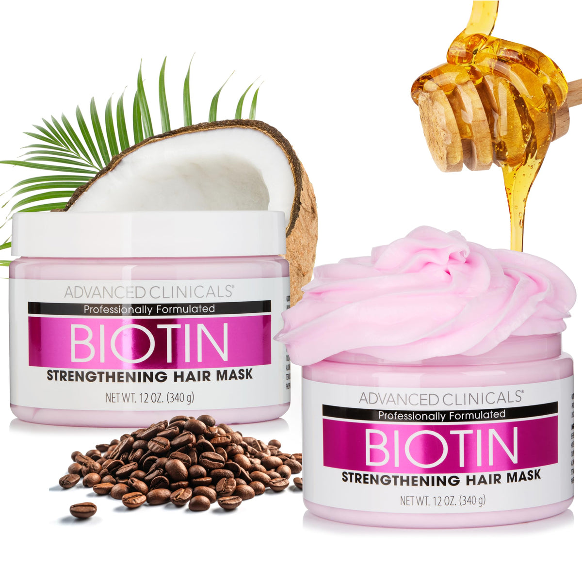 Advanced Clinicals Biotin Hair Mask bottle shows hydration for dry hair.