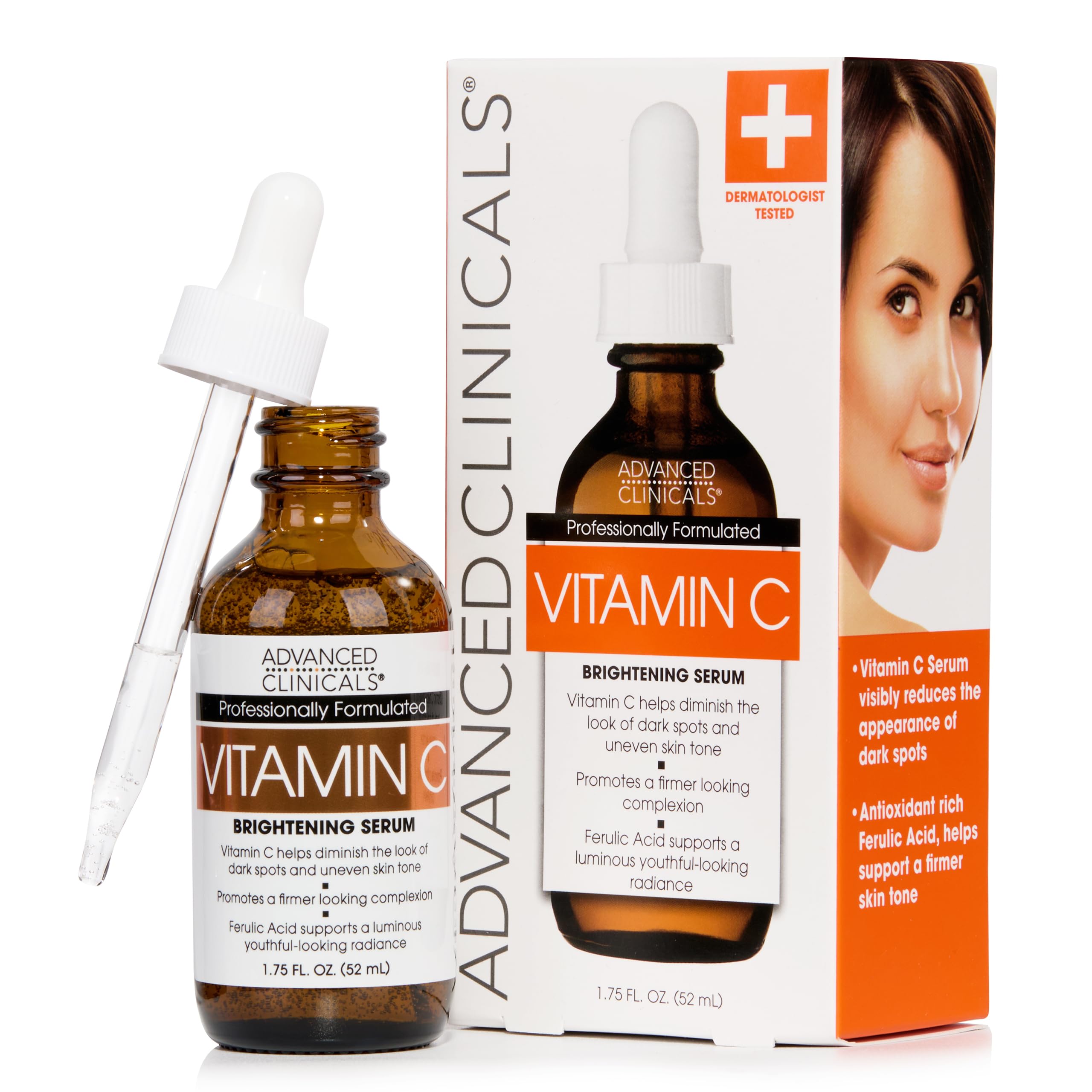 Advanced Clinicals Brightening Serum bottle showing a radiant glow for daily care