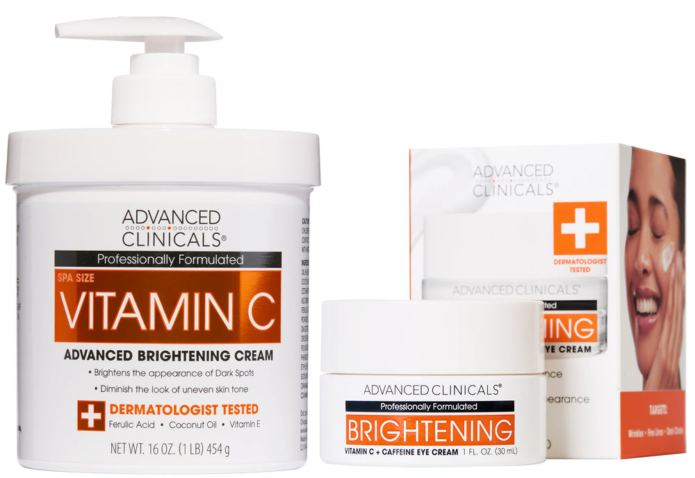 Advanced Clinicals brightening vitamin C body cream bottle hydrates for a radiant look.