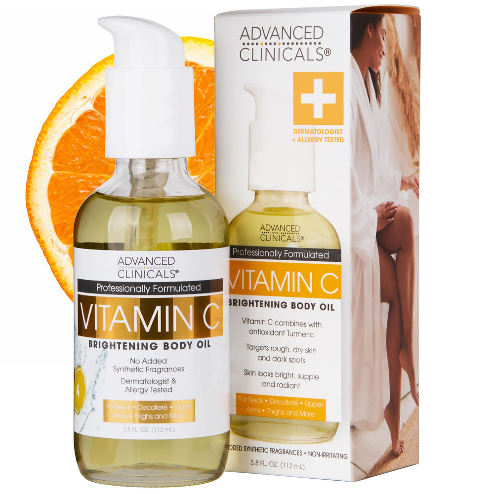 Advanced Clinicals Brightening Vitamin C Body Oil bottle close-up for radiant hydration