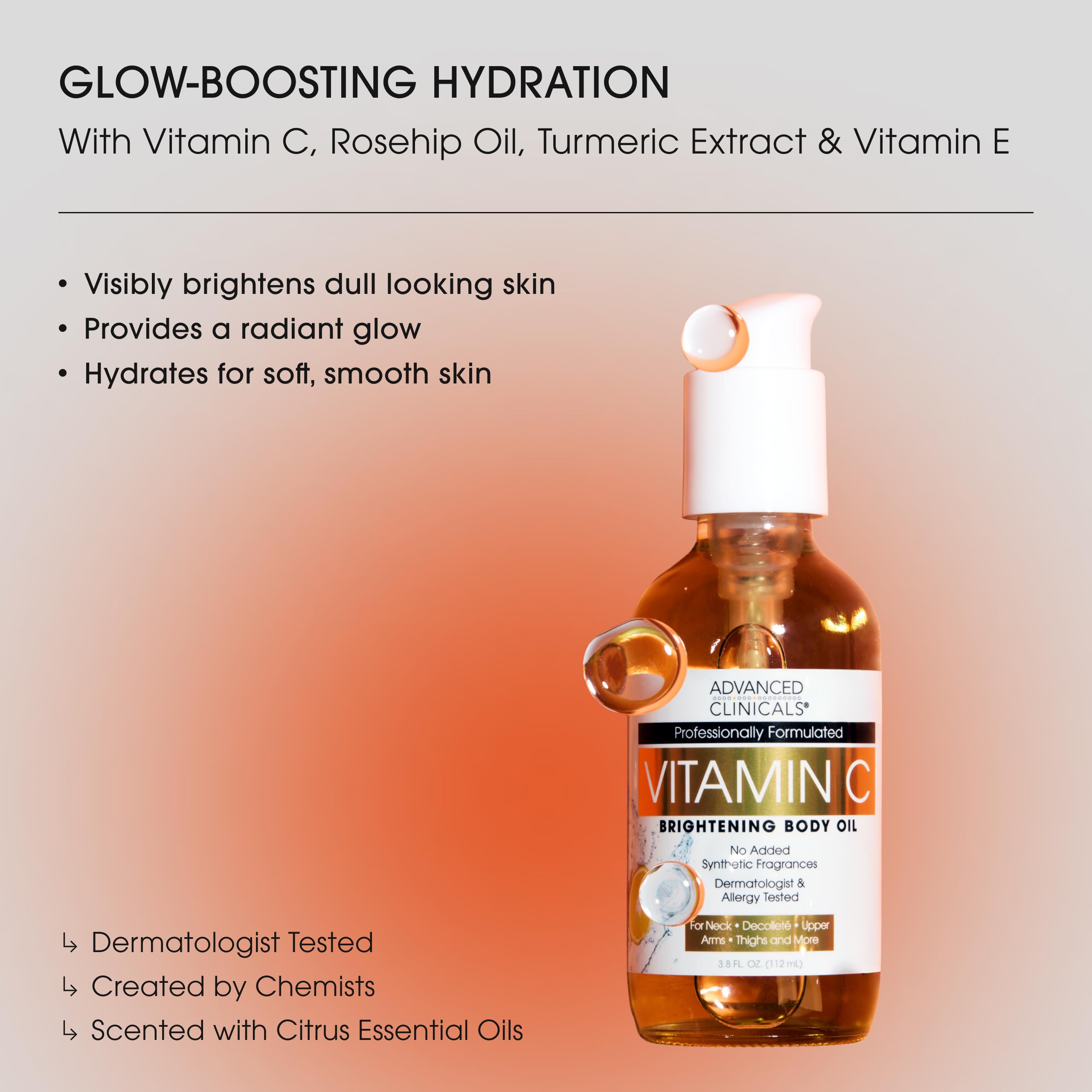Droplet of Advanced Clinicals Vitamin C Body Oil on skin showing softness