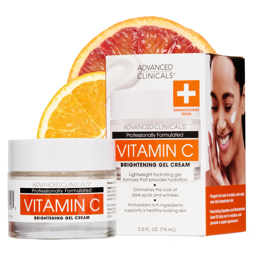 Advanced Clinicals Brightening Vitamin C gel-cream bottle shows radiant, even-toned skin potential.