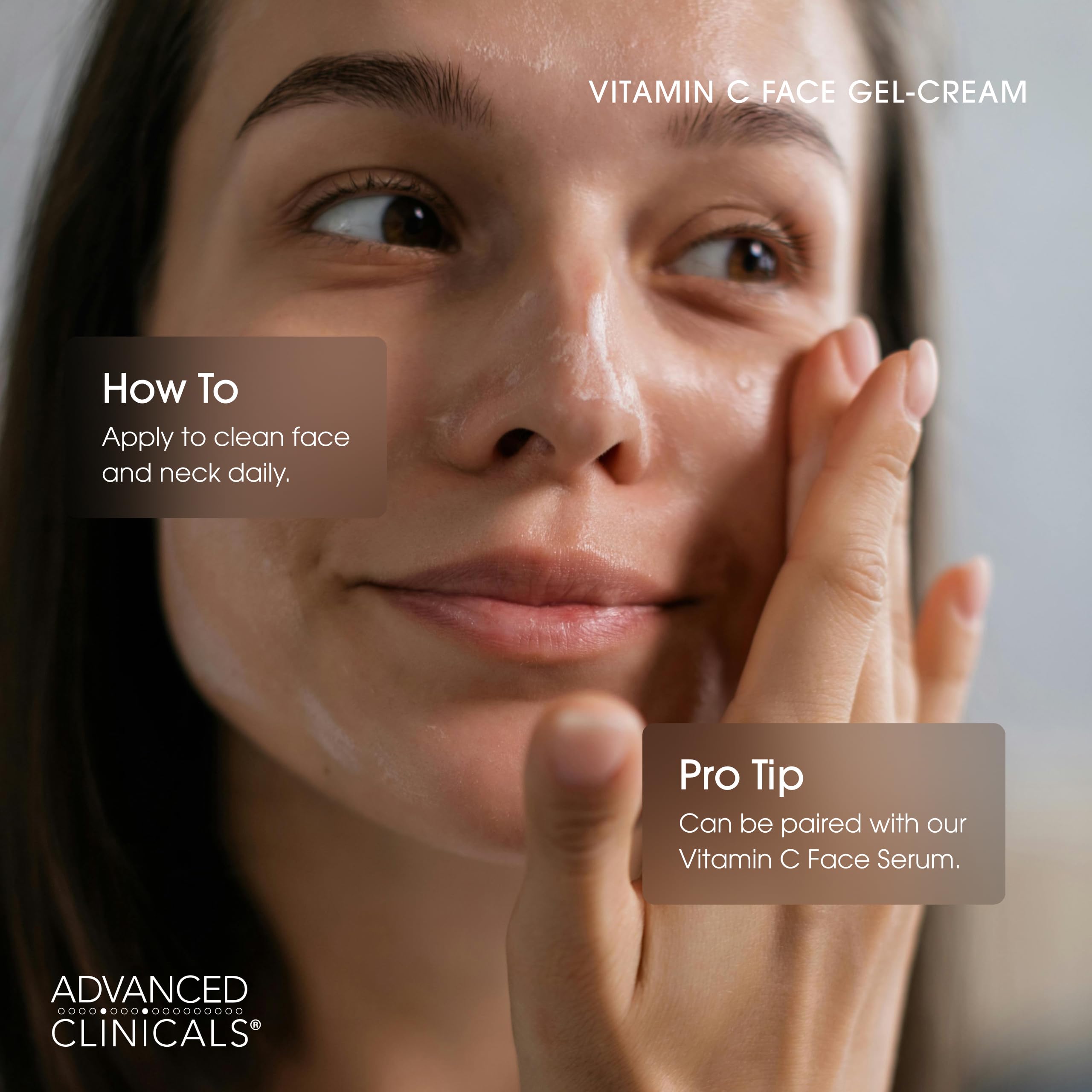 Hand-application of Advanced Clinicals gel-cream demonstrates quick absorption for glow.