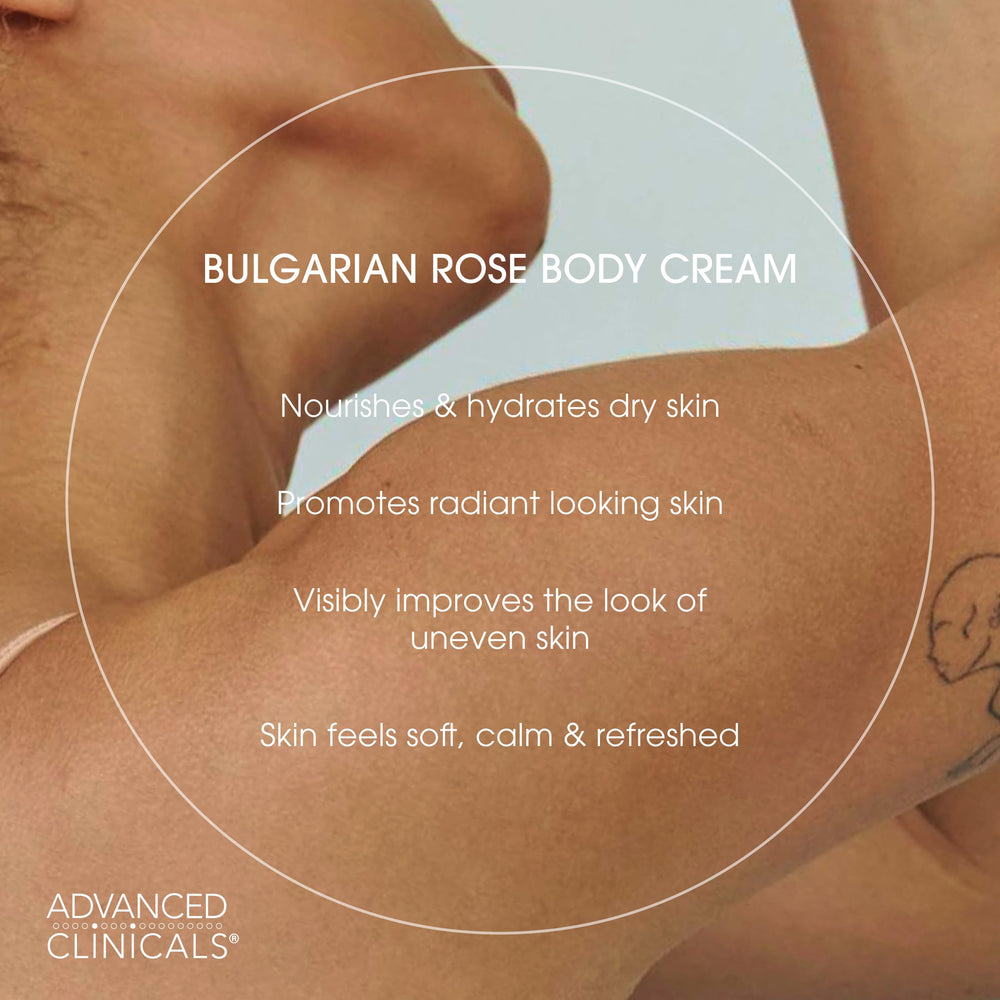 Advanced Clinicals Bulgarian Rose Lotion bottle with Aloe Vera and Vitamin C for radiant skin.