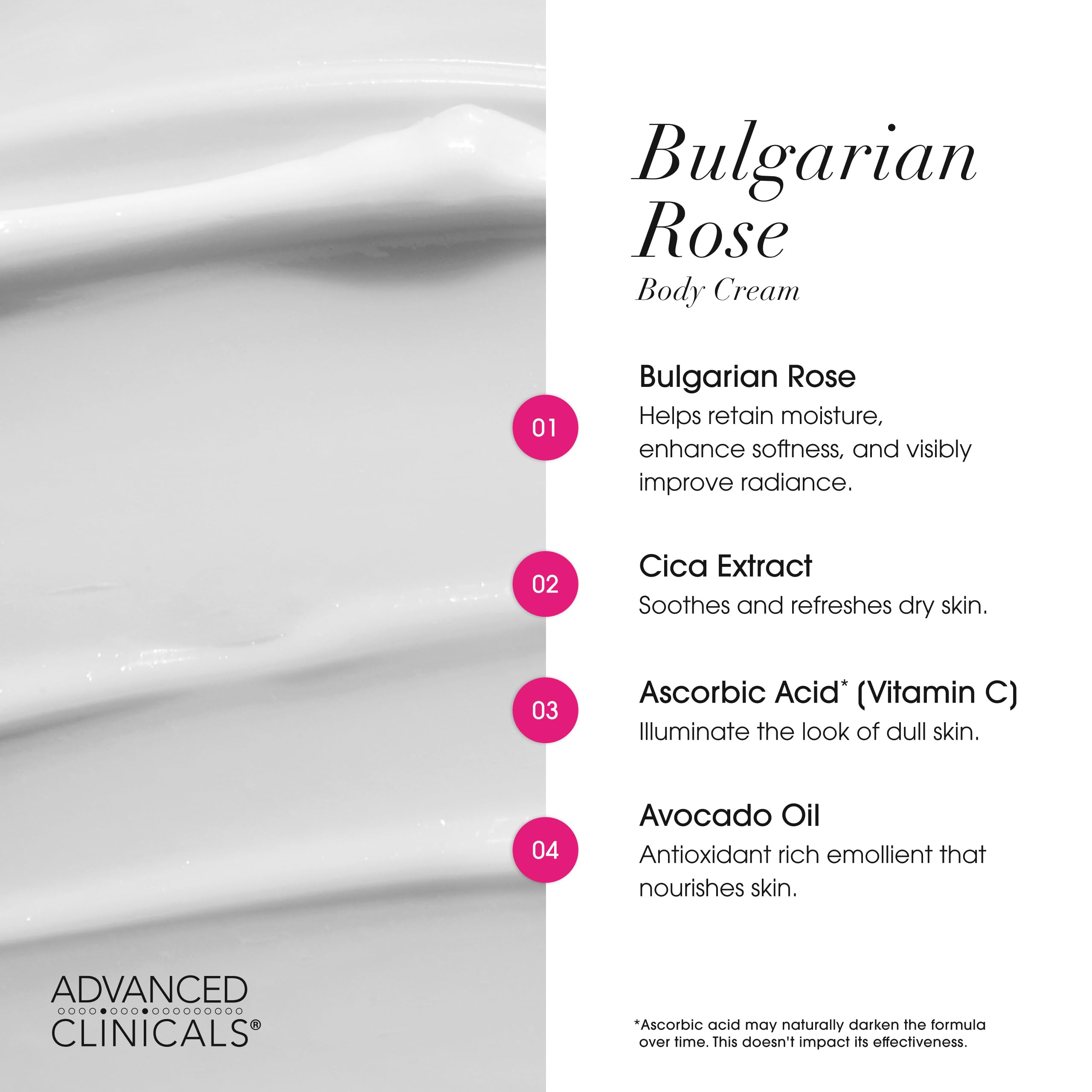 Advanced Clinicals Bulgarian Rose Lotion ingredients with CICA, aloe, and vitamin C