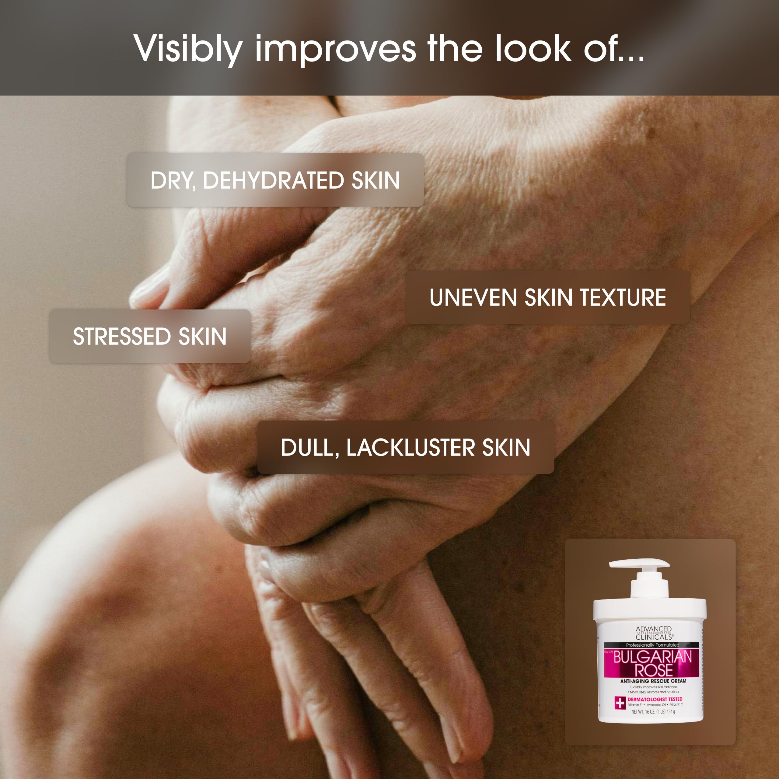 Advanced Clinicals Bulgarian Rose Lotion texture closeup highlighting smooth, hydrated skin
