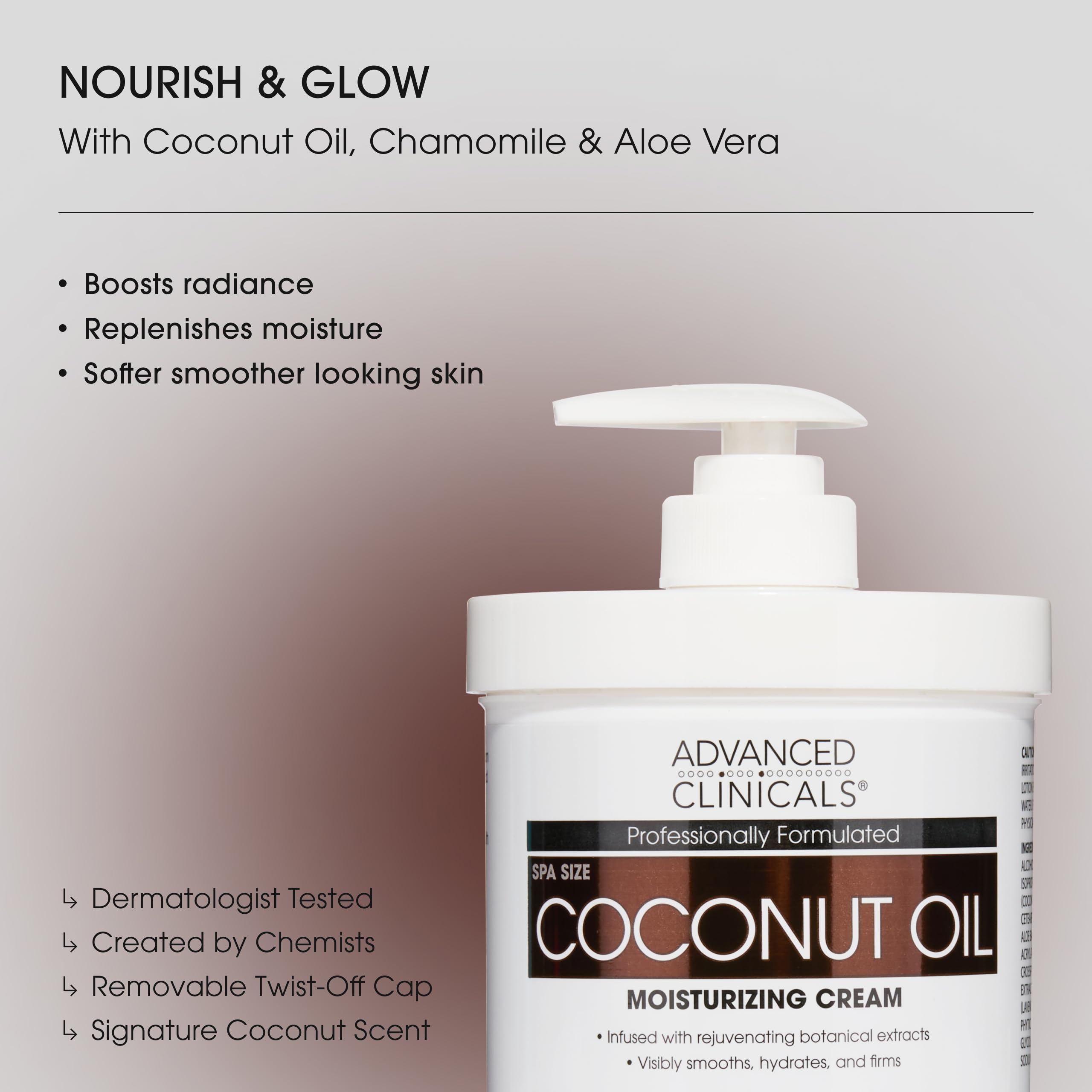Advanced Clinicals Coconut Oil Body Cream packaging signals premium, dermatologist-tested skincare.