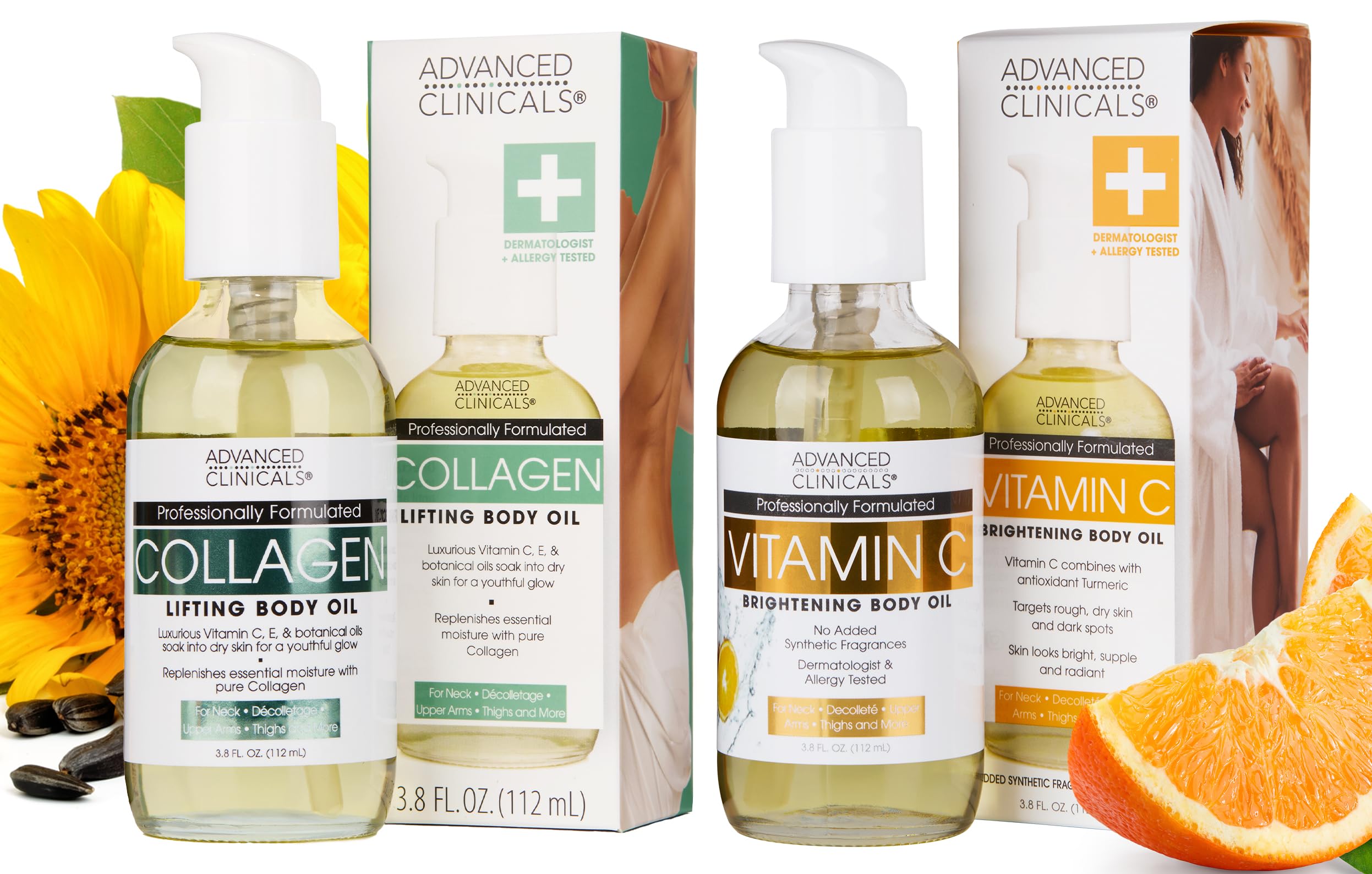 Advanced Clinicals Collagen Body Oil bottle close-up for smooth, hydrated skin