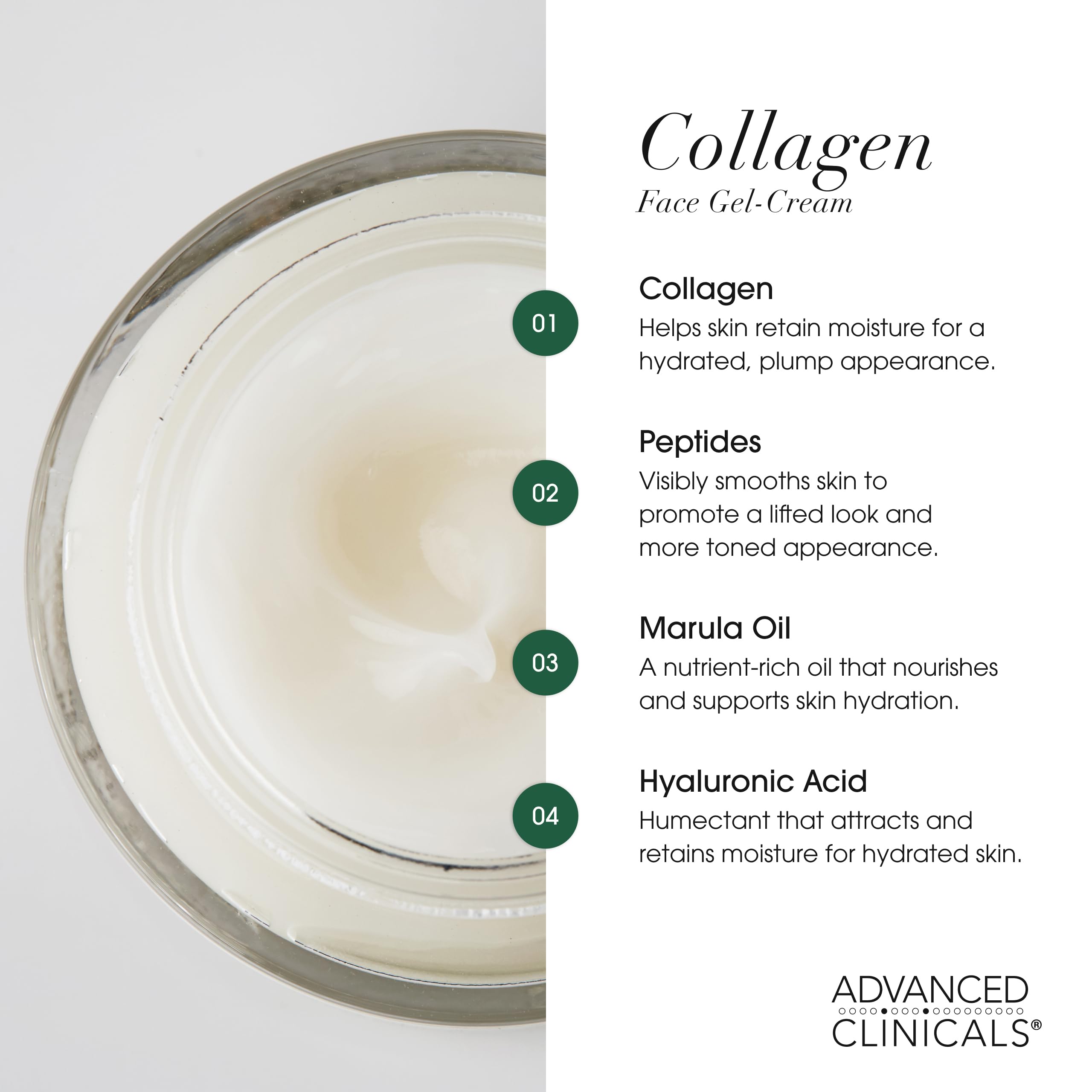 Advanced Clinicals collagen face cream close-up on fingers shows creamy gel-cream consistency.