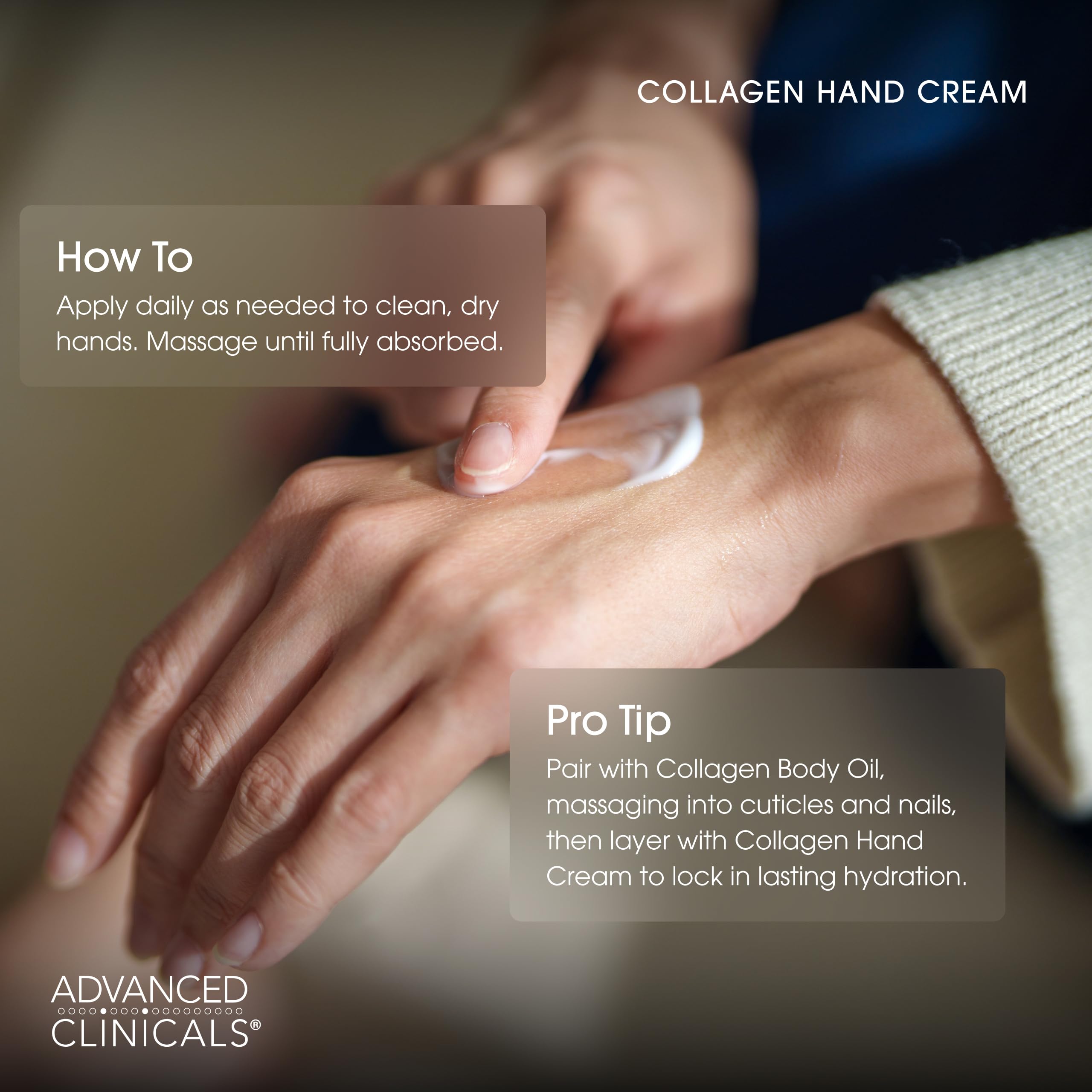 Advanced Clinicals Collagen Hand & Body Cream with green tea imagery for antioxidant support.