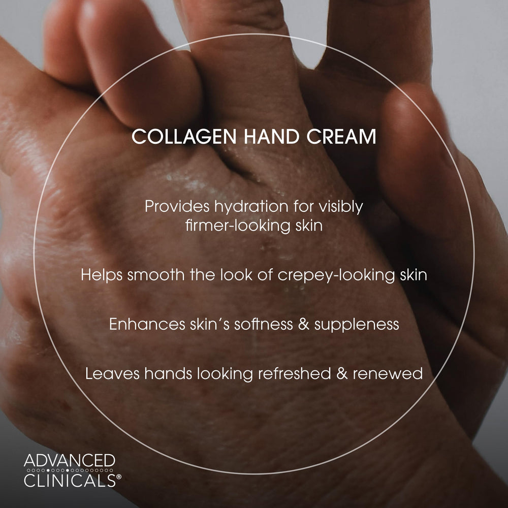 Advanced Clinicals Collagen Hand & Body Cream label detail highlights clean formula for sensitive skin.
