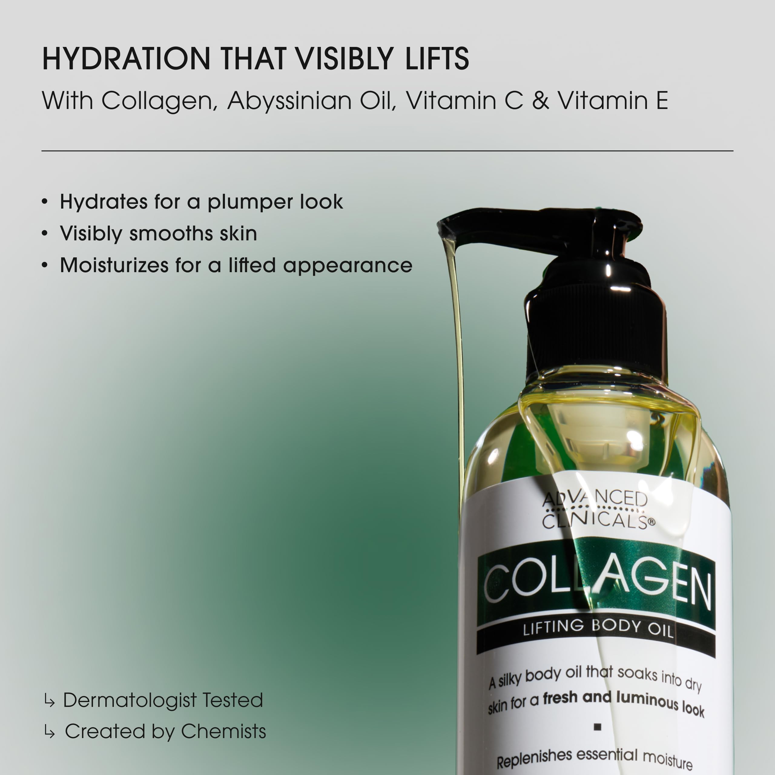 Advanced Clinicals Collagen Oil bottle pouring to indicate quick absorption and glow