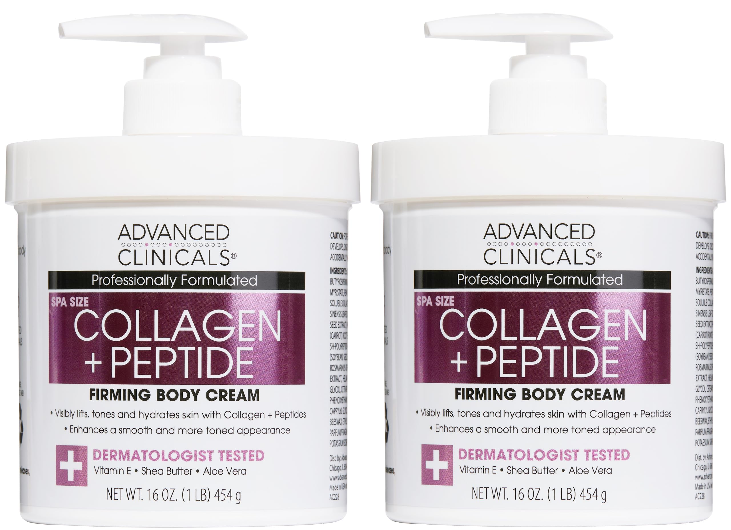 Advanced Clinicals Collagen Peptides body lotion 2-pack on display for visibly hydrated skin.