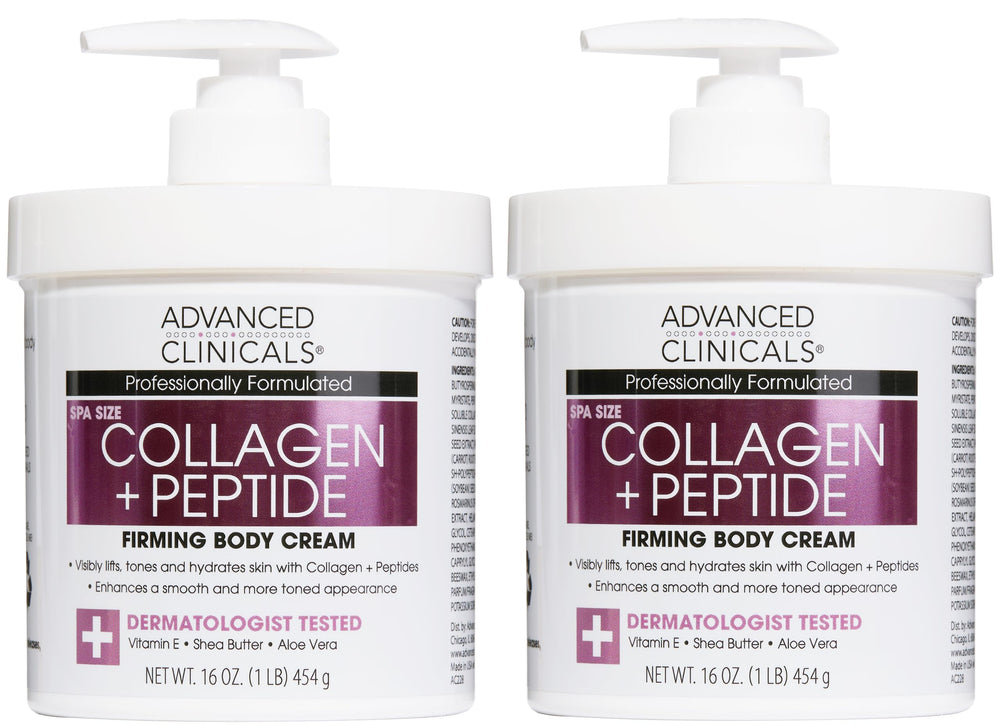 Advanced Clinicals Collagen Peptides body lotion 2-pack on display for visibly hydrated skin.