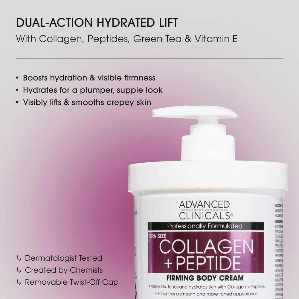Collagen Peptides body lotion jar close-up showing creamy texture for easy absorption.