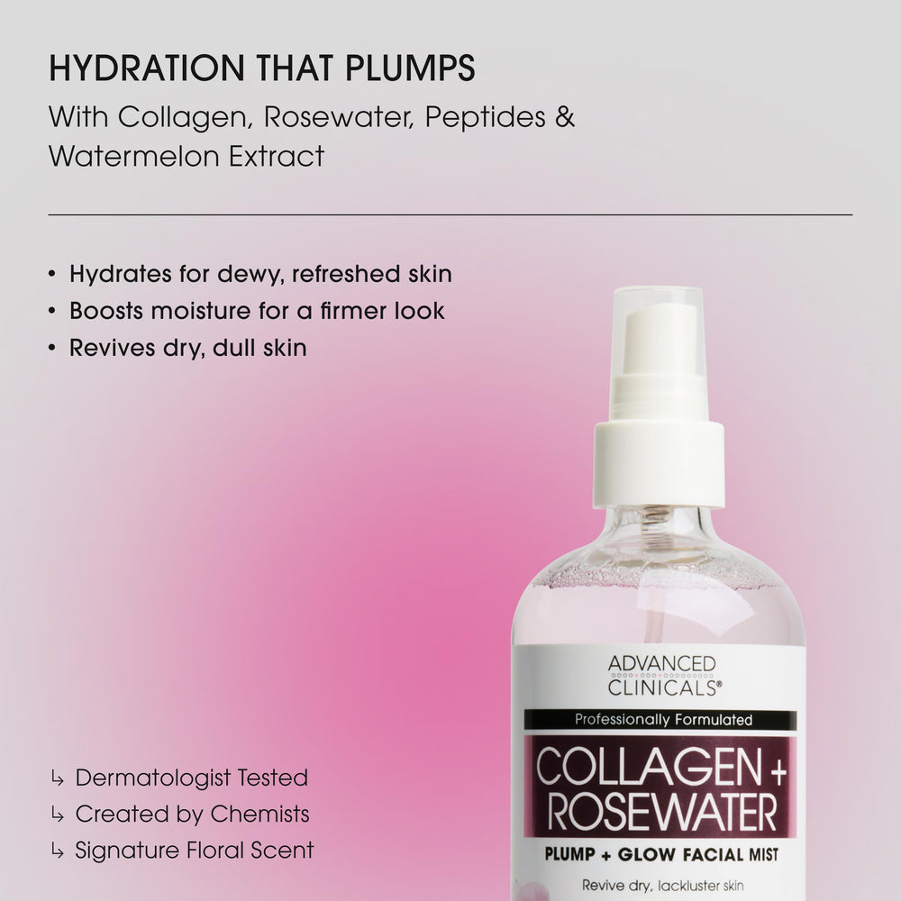 Advanced Clinicals Collagen Rosewater Face Mist spray application: quick skin pick-me-up.