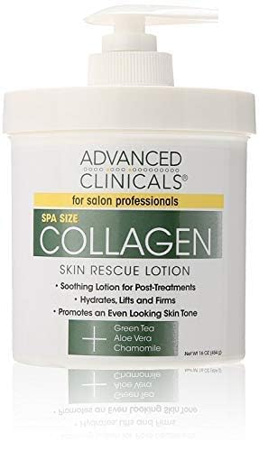 Advanced Clinicals Collagen Skin Rescue Lotion in use on hands and face for intense hydration.
