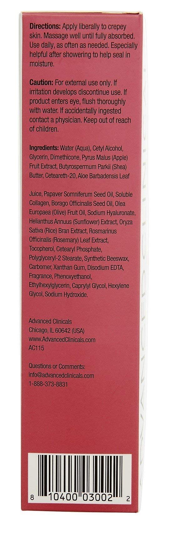 Advanced Clinicals crepey skin cream bottle 4oz ensures convenient daily use.