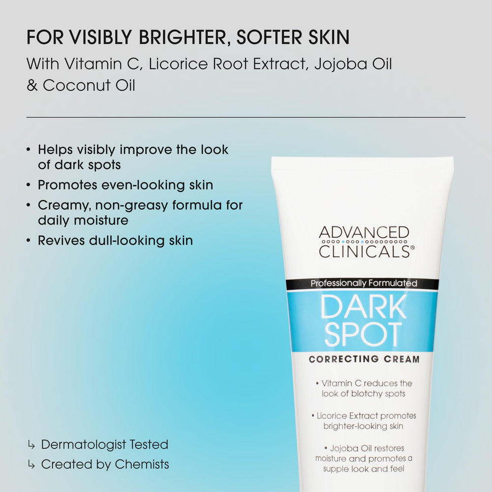 Advanced Clinicals Dark Spot Cream tube being applied for daily facial care.