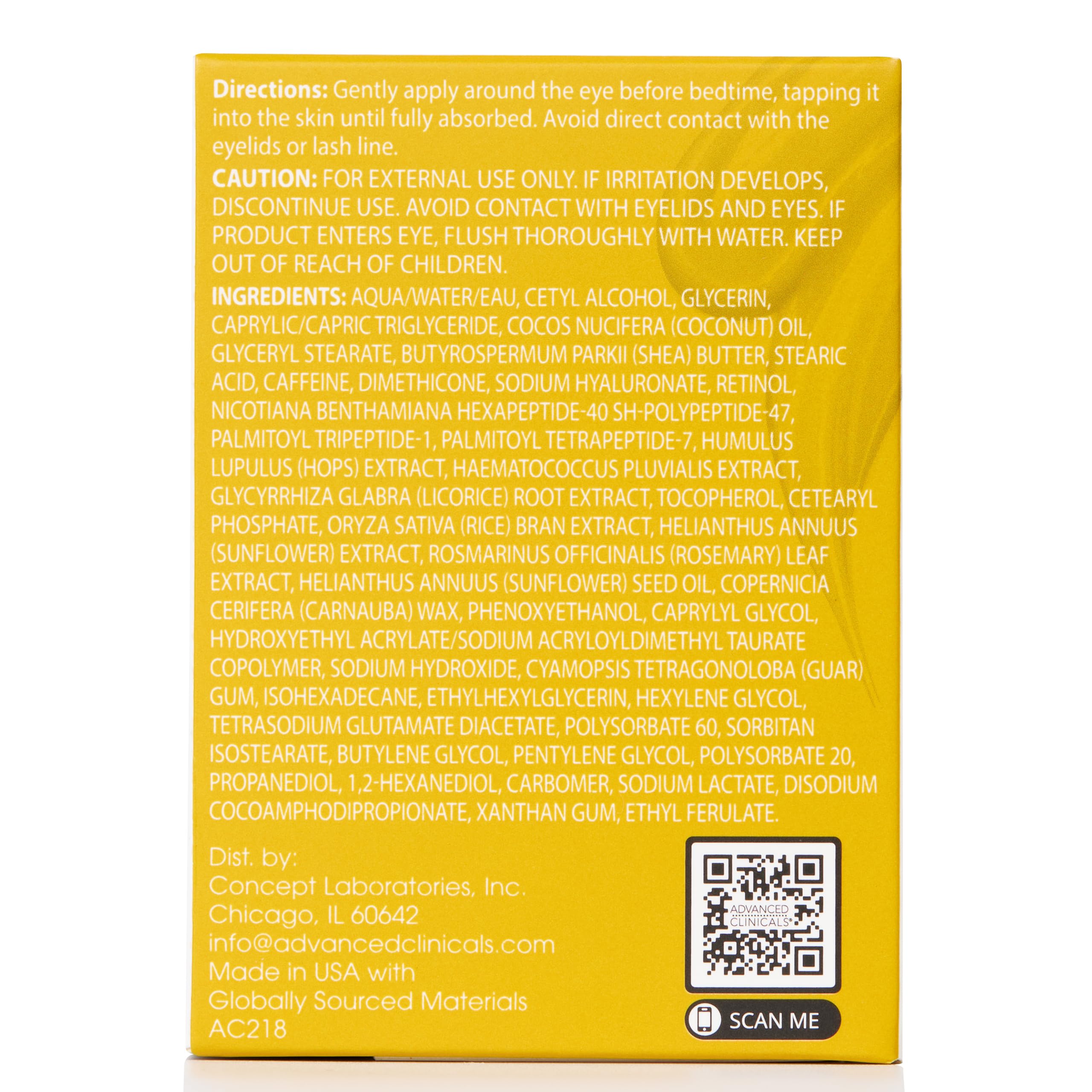 Advanced Clinicals packaging shows dermatologist-tested formula made in the Midwest.