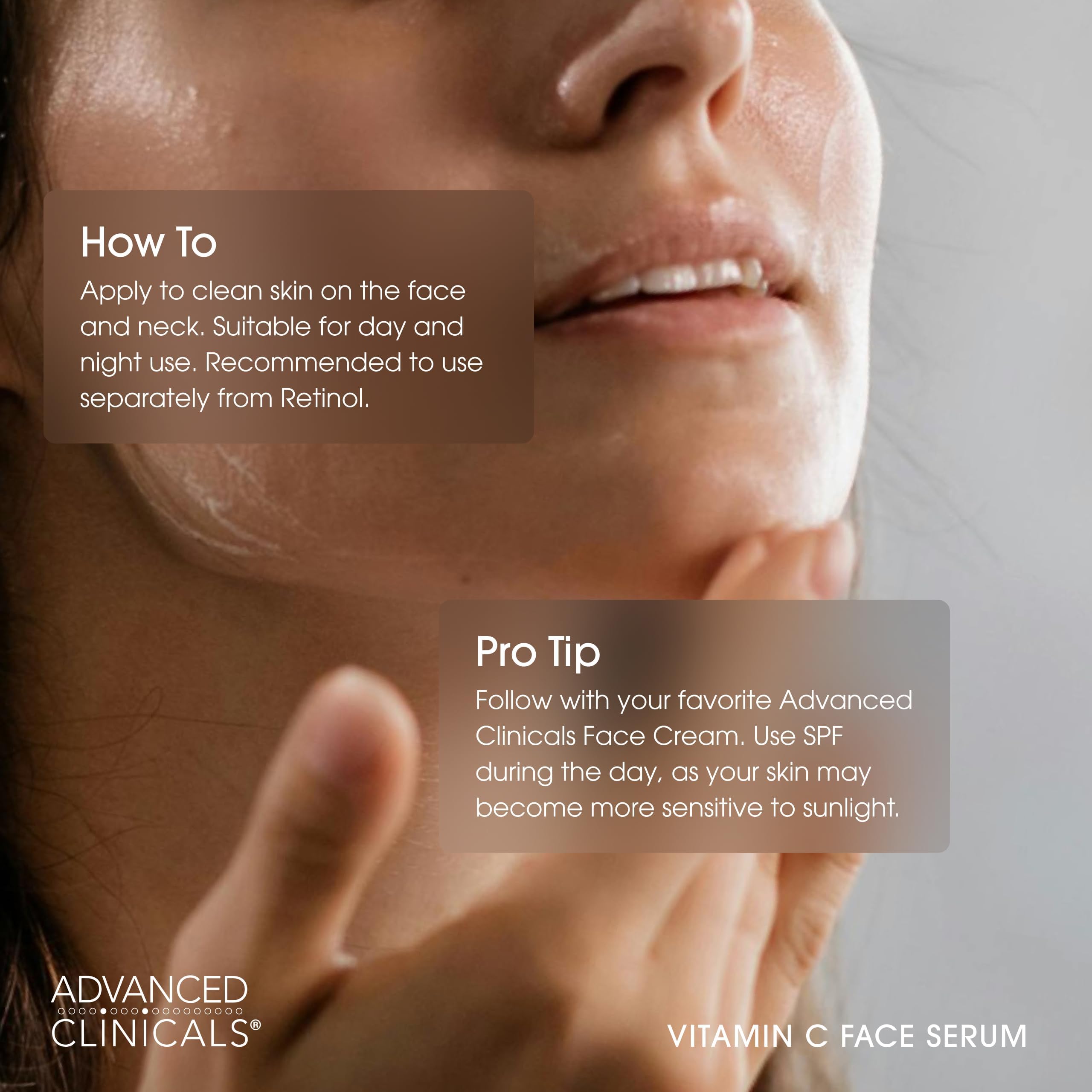 Dermatologist-tested badge on Advanced Clinicals serum packaging