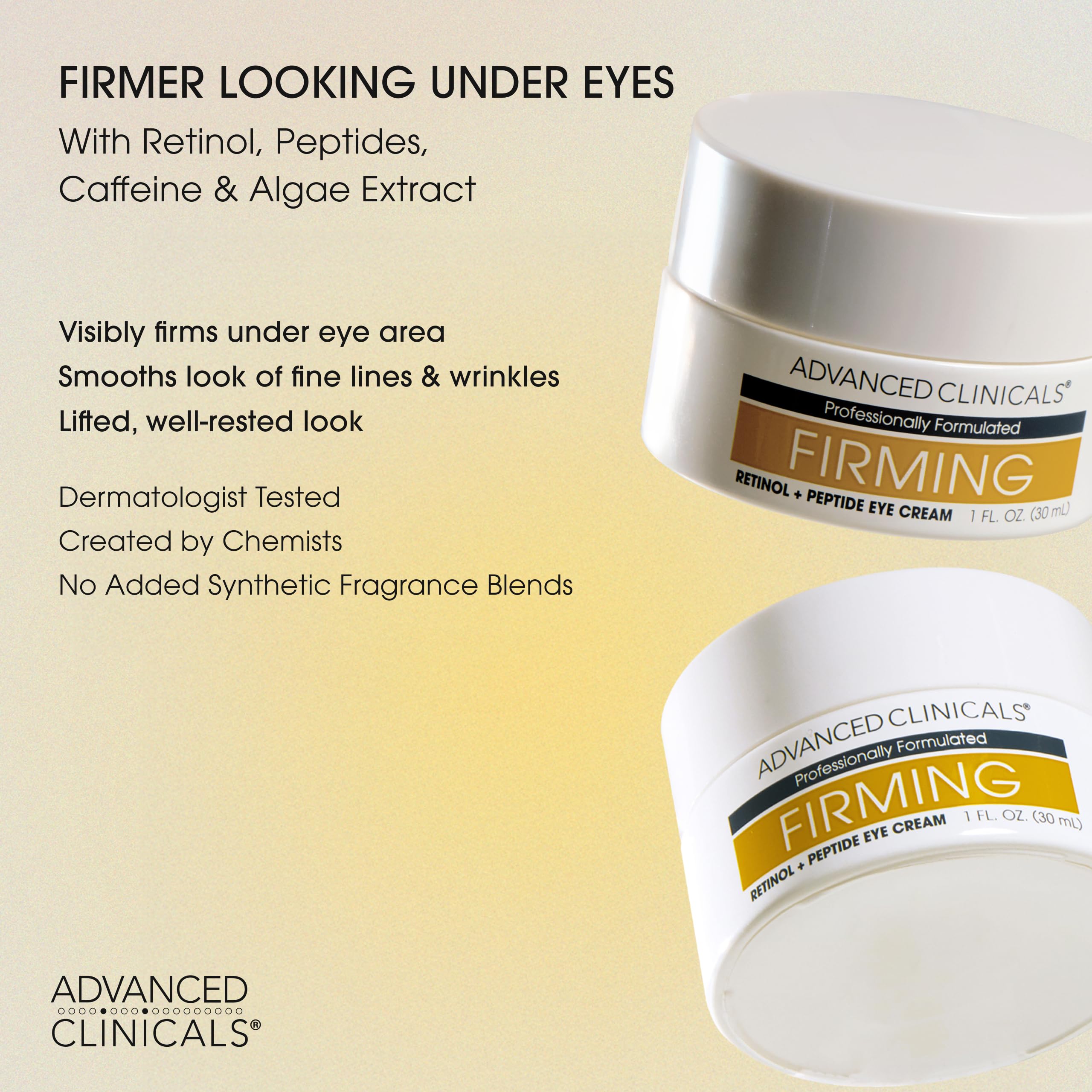 Advanced Clinicals encapsulated retinol eye cream tube shows anti-aging formulation for firmer under-eyes.