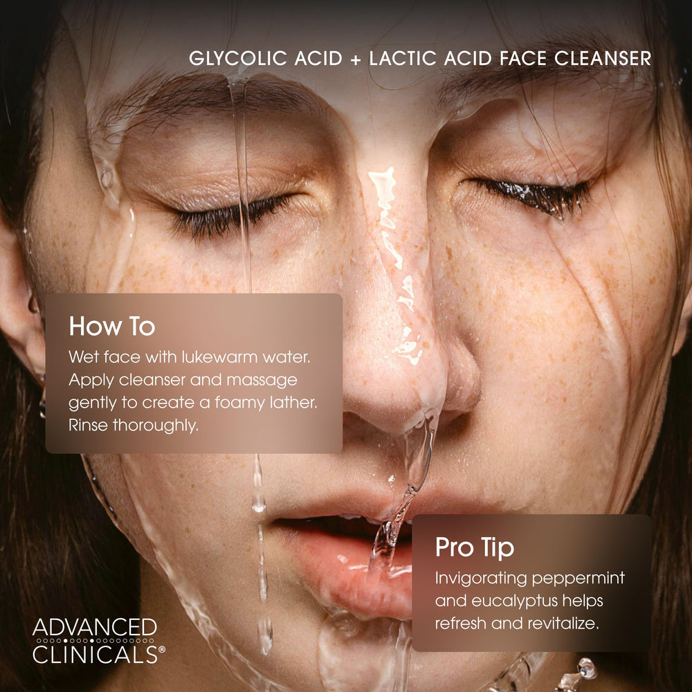 Advanced Clinicals Glycolic Face Wash daily routine step for dull skin refresh.