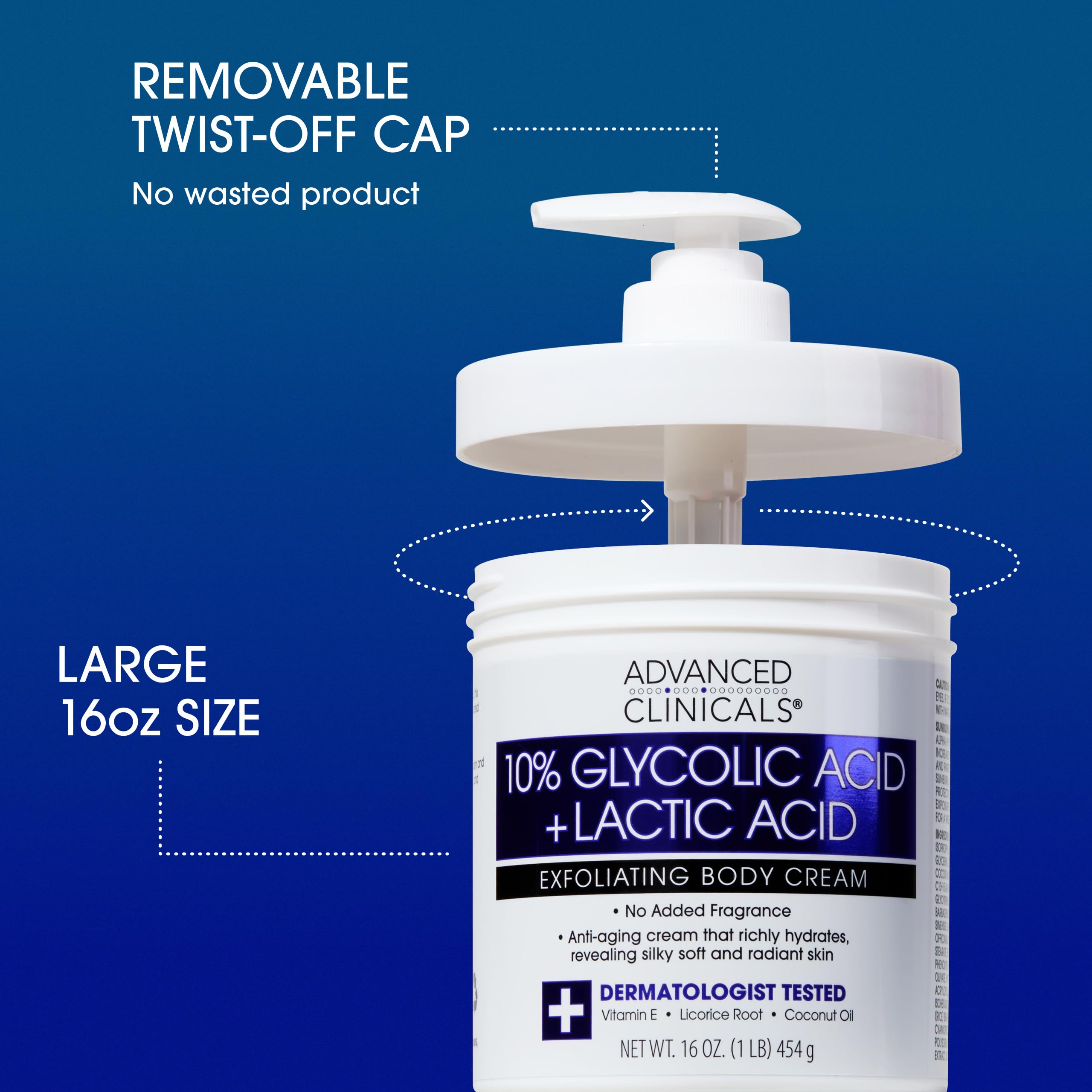Advanced Clinicals glycolic-lactic ingredients with hyaluronic acid for hydration.