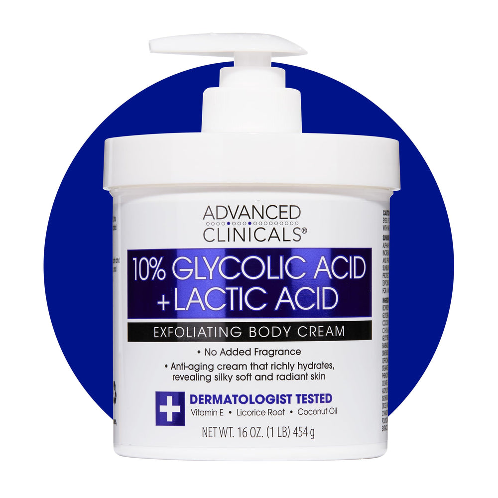Advanced Clinicals glycolic-lactic body lotion bottle demonstrates smoothing hydration