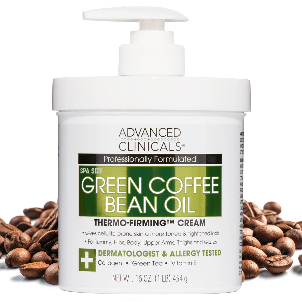 Advanced Clinicals Green Coffee Bean Thermo bottle showing firming hydration for smoother skin