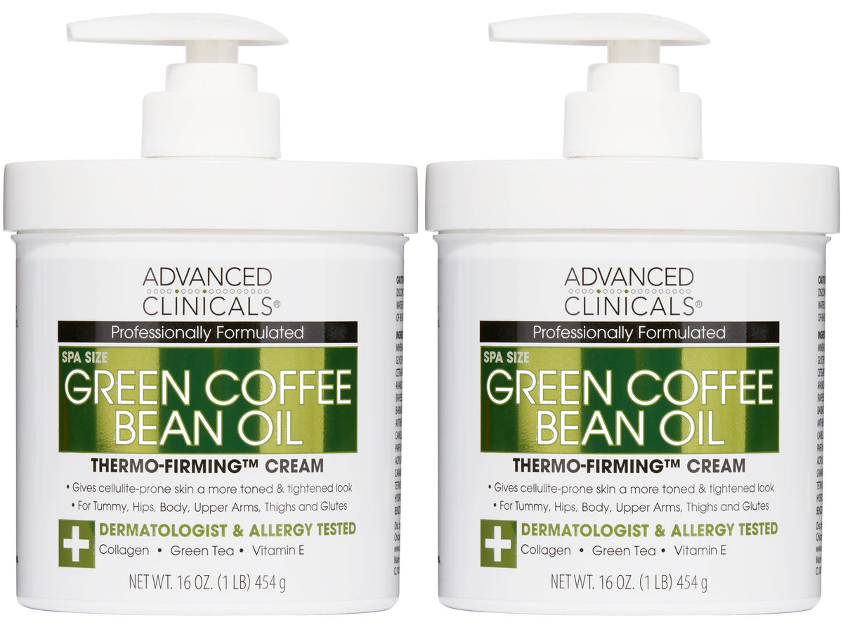 Advanced Clinicals Green Coffee Bean Thermo-Firming Lotion bottle promoting firmer-looking skin