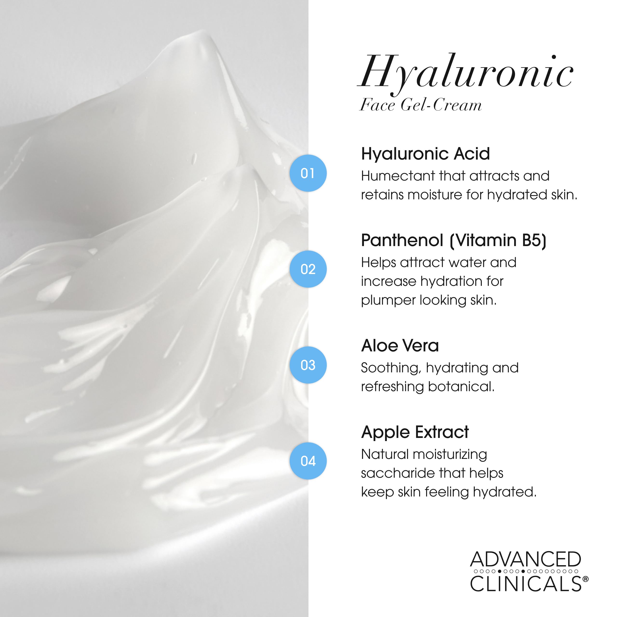 Advanced Clinicals Hyaluronic Acid Body Cream close-up showing velvety moisturization.