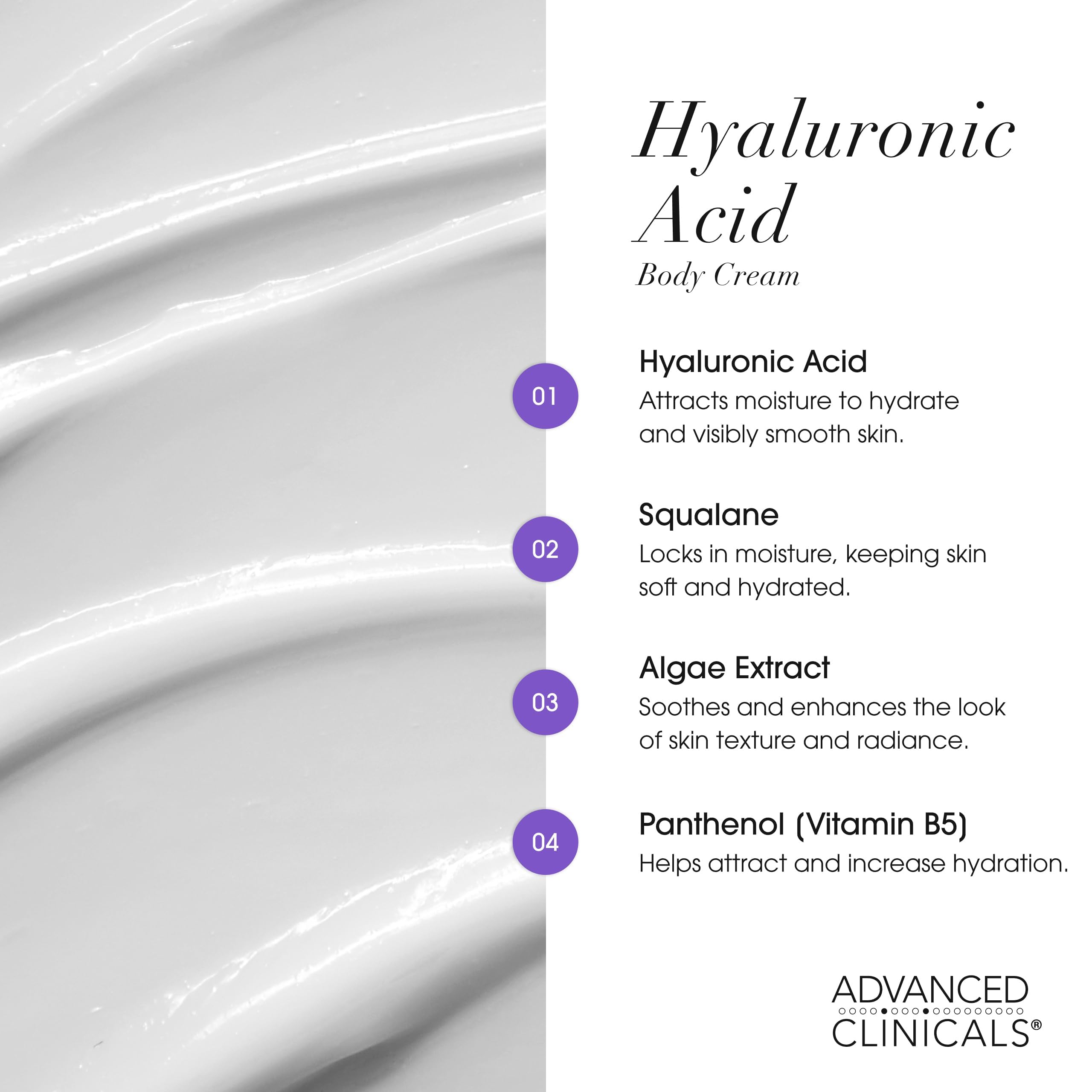 Advanced Clinicals hyaluronic acid cream on arm application demonstrates hydration.