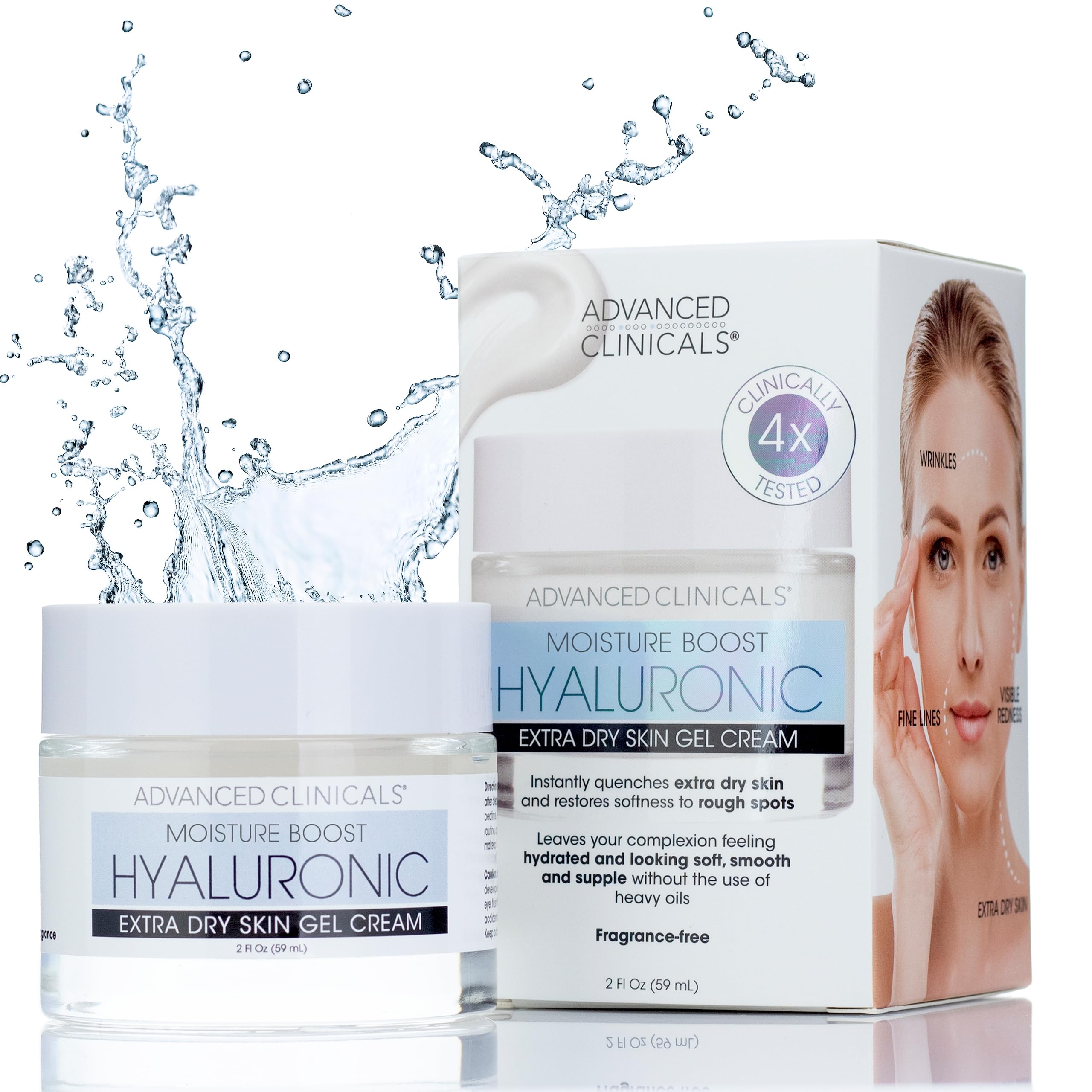 Advanced Clinicals Hyaluronic Acid Gel Face Cream jar close-up showing hydrated skin.