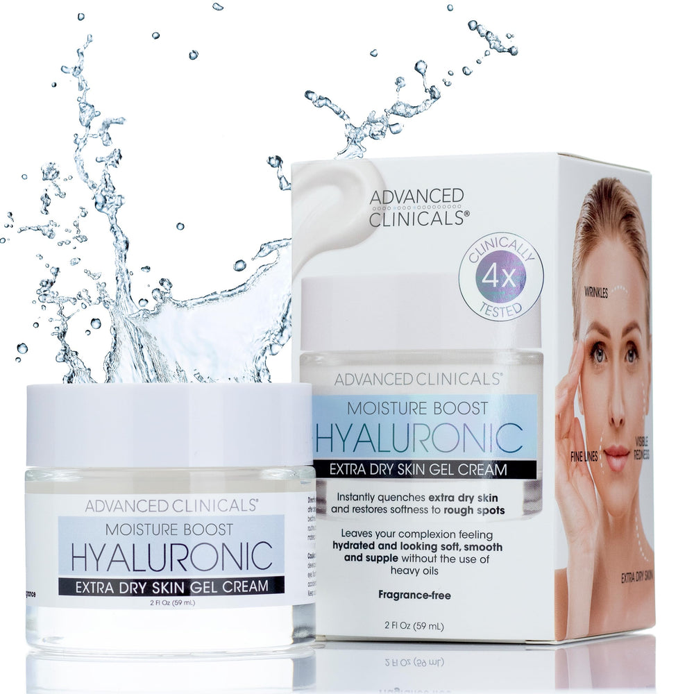 Advanced Clinicals Hyaluronic Acid Gel Face Cream jar close-up showing hydrated skin.